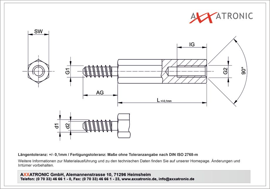 Abstandsbolzen M2,5 / ST2,2 | Messing vernickelt | IG/AG selbstschneidend | SW 5 mm technische Zeichnung