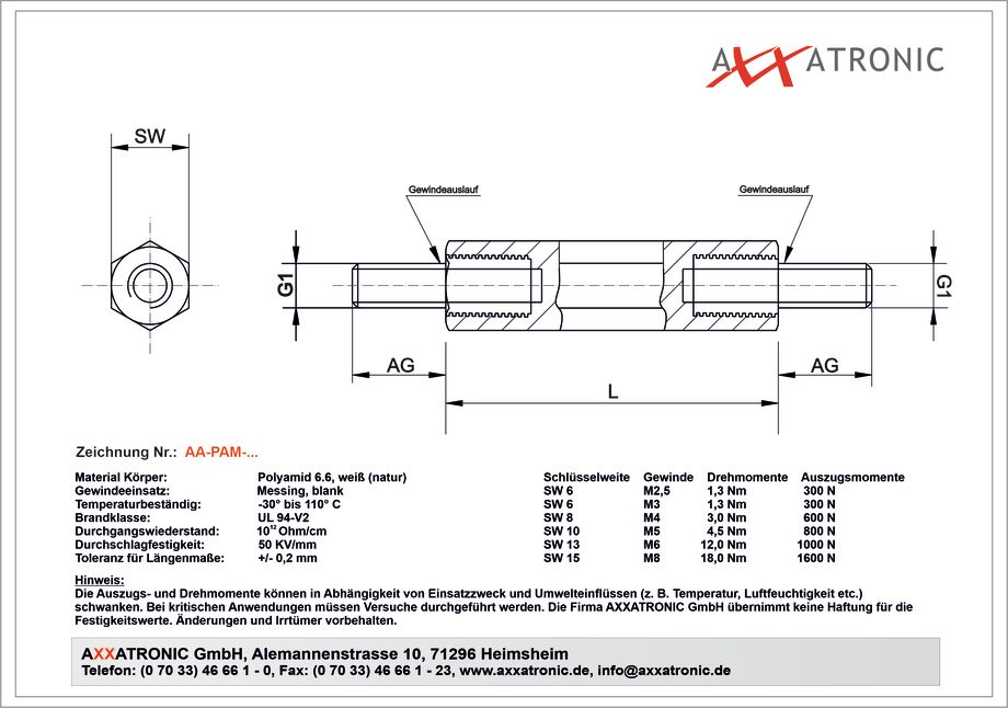 Abstandsbolzen M2,5 | Polyamid 6.6 mit Metallgewindeeinsatz | AG/AG | SW 6 mm technische Zeichnung