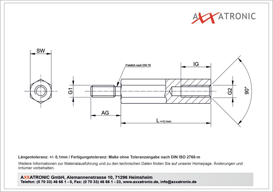 Abstandsbolzen UNC4-40 / M3 | Messing vernickelt | IG/AG | SW 5 mm technische Zeichnung